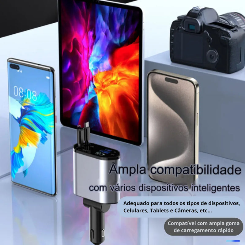 Carregador Turbo 4 Em 1 Automotivo Com Cabos Retráteis