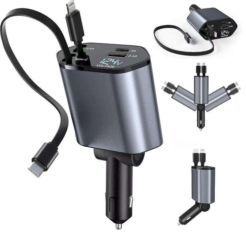 Carregador Turbo 4 Em 1 Automotivo Com Cabos Retráteis